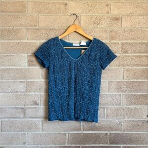 worthington blue floral embroidered short sleeve shirt